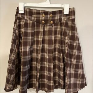 Allegra K Brown Plaid Skirt with Gold Buttons